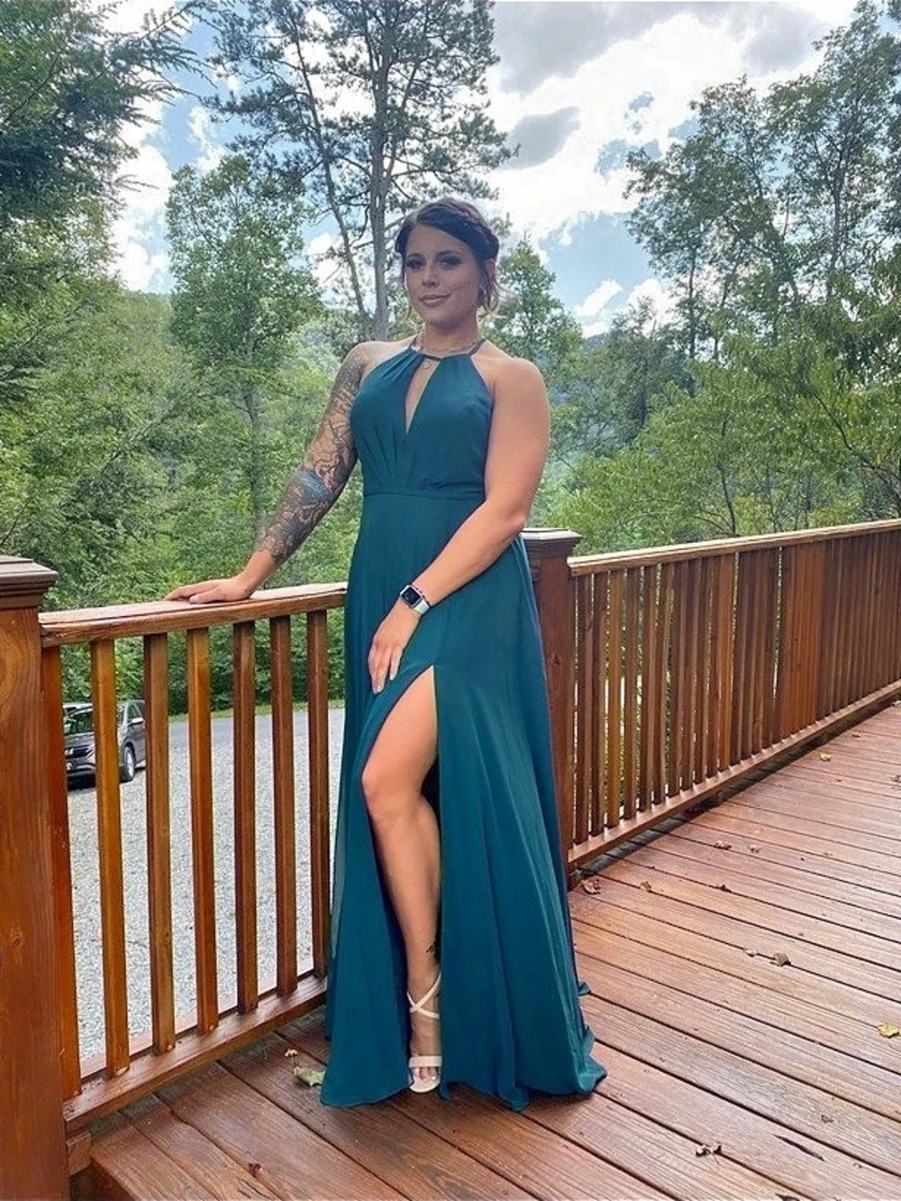 Azazie Maxi Halter Dress in Green Size Medium Like New